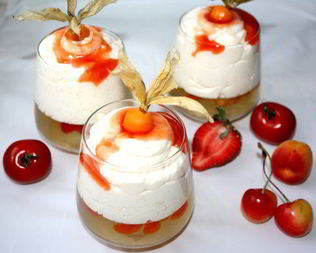 Винное желе с нежным рисовым муссом и томатно-ягодным соусом