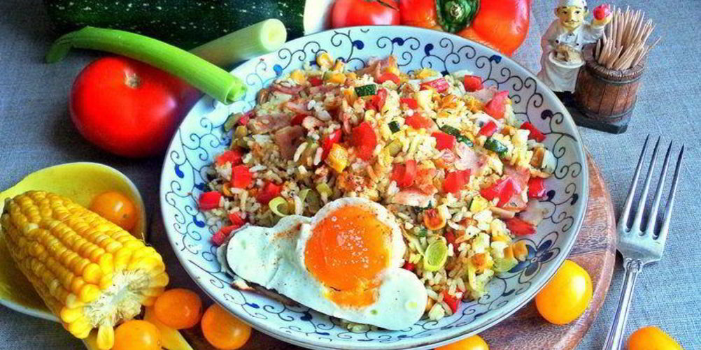 Рецепт риса с овощами и ветчиной