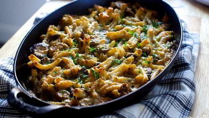 Грибы, запеченные с макаронами