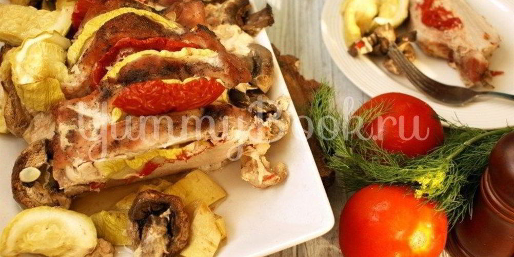 Рецепт свинины запеченной с овощами и грибами