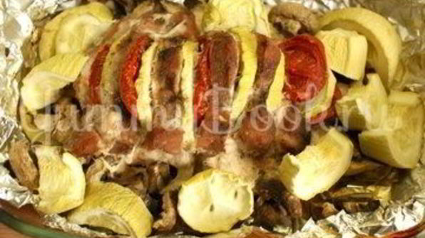свинина запеченная с овощами и грибами