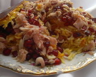 Плов с тыквой , капченой рыбой и гранатом