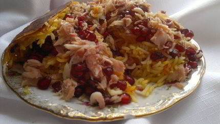 Плов с тыквой , капченой рыбой и гранатом