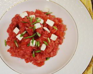 Свекольное ризотто с морковью и бататом