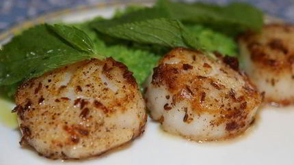 Морские гребешки с пюре из зеленого горошка