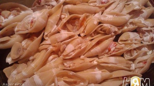 конкильони под сыром и стейк