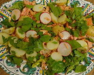 Салат с молодым картофелем, редисом и кижучем