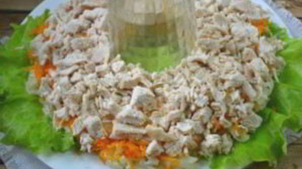 салат гранатовый браслет с грибами и курицей