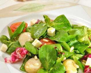 Салат корн с морскими гребешками, помидорами и моцареллой