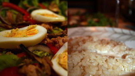 Салат с тунцом и ризотто по-милански