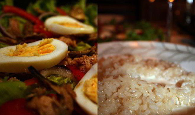 Салат с тунцом и ризотто по-милански