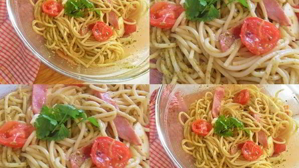 спагетти с ветчиной, моцареллой под соусом песто