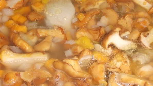 лисички с курицей в бульоне