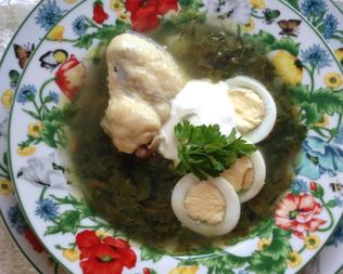 Щи зеленые с крапивой на курином бульоне