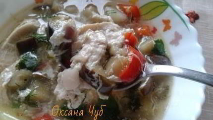 Суп куриный с баклажанами и яйцом