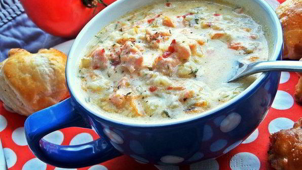 сырный суп с лососем и рисом