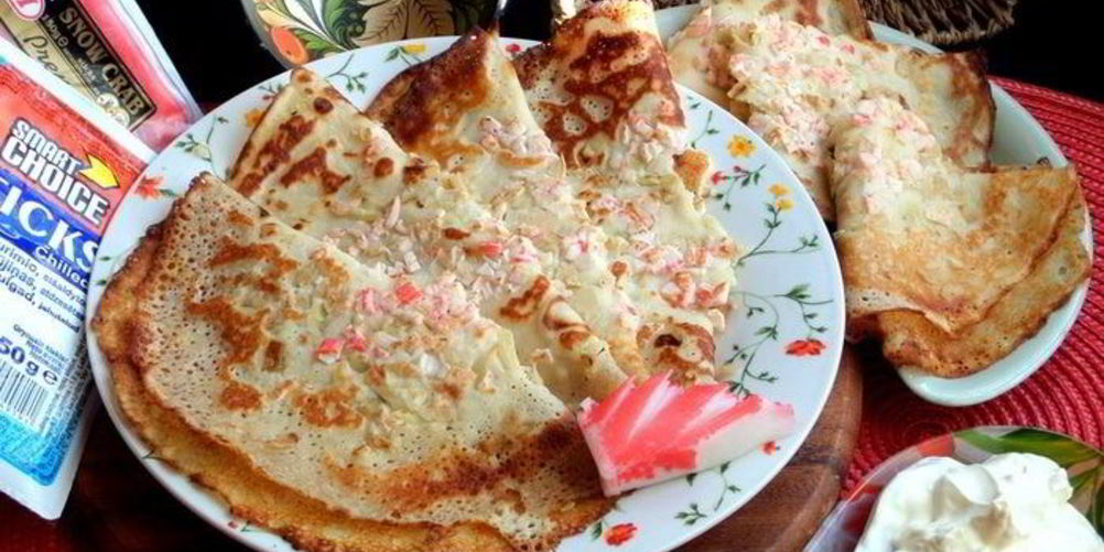 Рецепт блинов с крабовым припеком