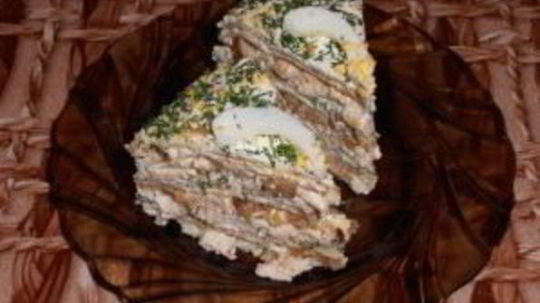 блинный пирог с курицей, грибами и творогом