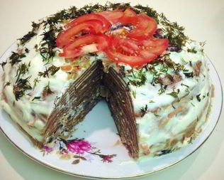 Печеночный торт с грибами