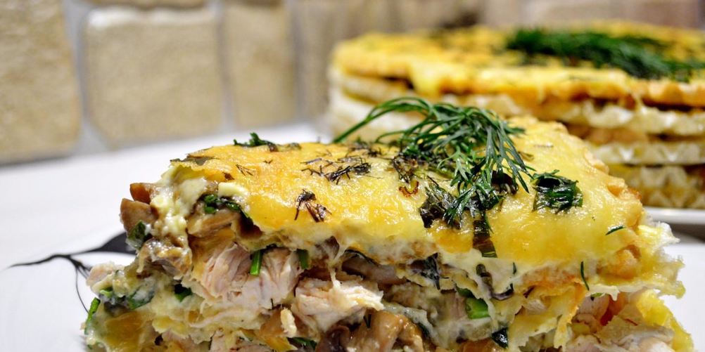 Рецепт закусочного торта наполеон с курицей и грибами